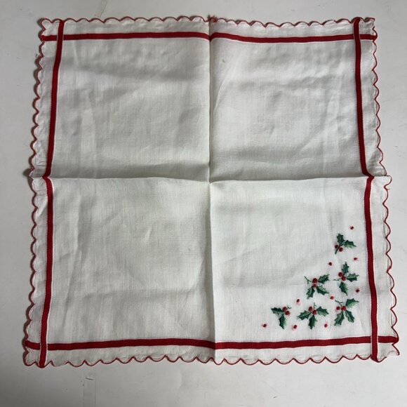 Embroidered handkerchief hankie 11-3/4 in. by 11-3/4 in. Red and white Christmas - Picture 10 of 11